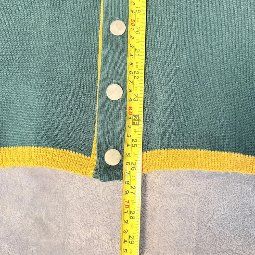 Vintage L Puritan Double Knit Cardigan Sweater Green Yellow Trim Orlon USA